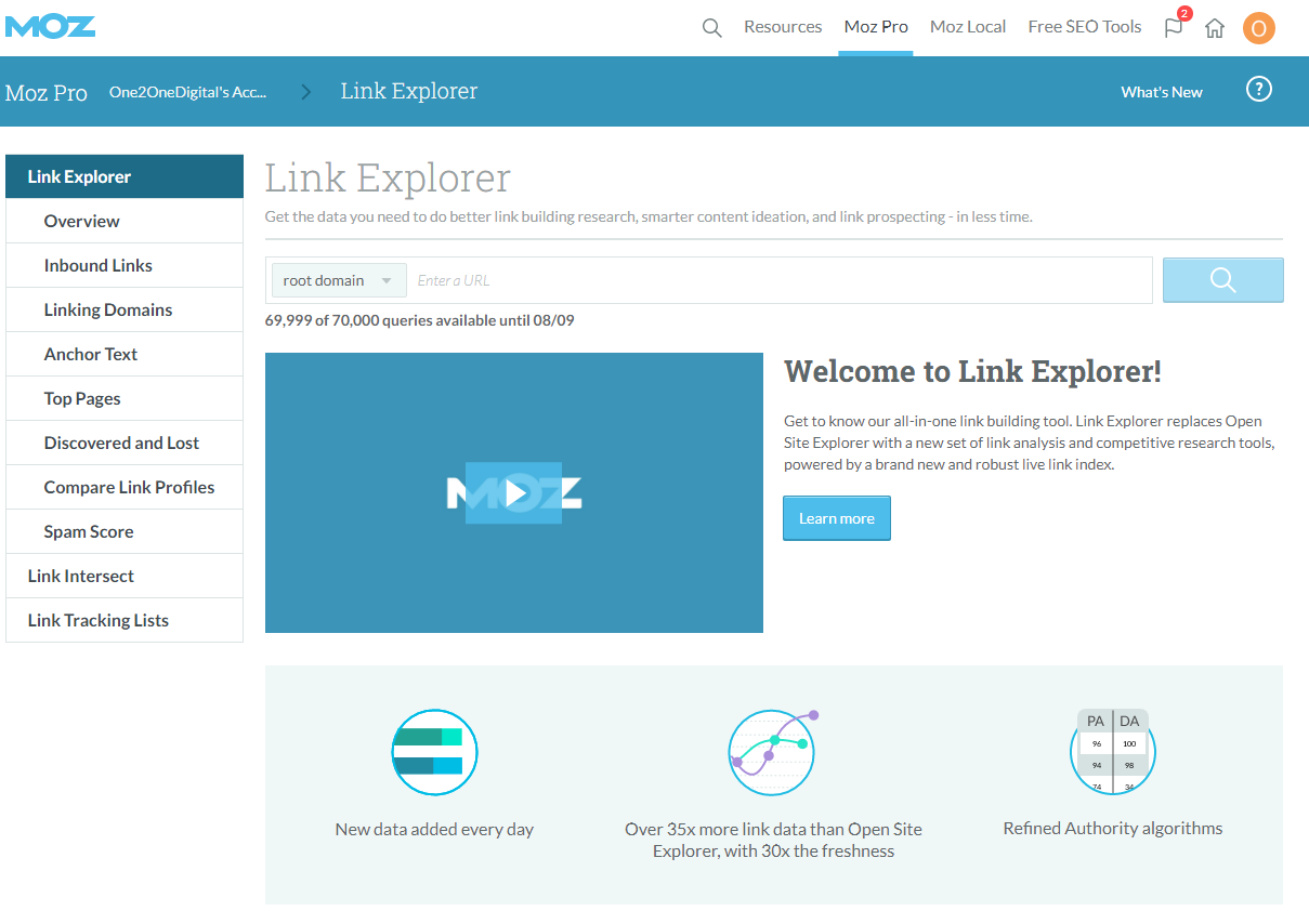 Explore site. Moz link Explorer. Moz Moz. Live link.